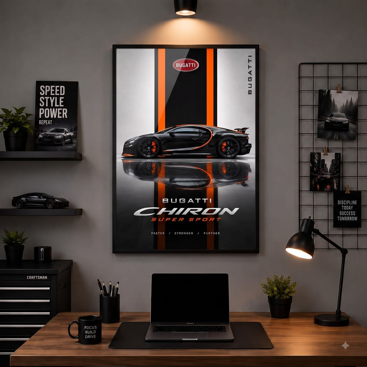 Bugatti Chiron — Faster. Stronger. Further. Wall Frame